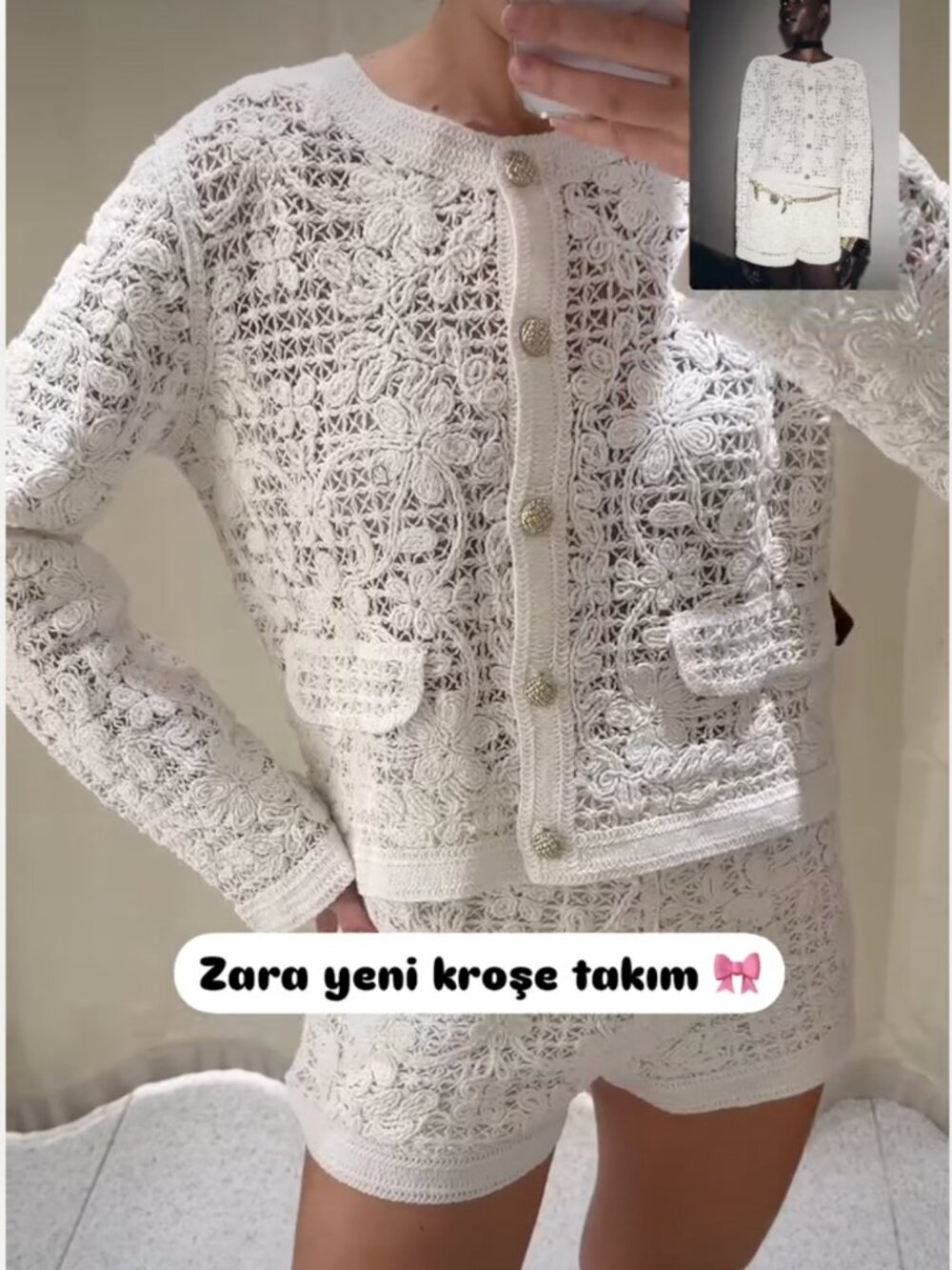 Zara Women Ecru Crochet Knit Cardigan JACKET with Gold Buttons S NWT 8779/179